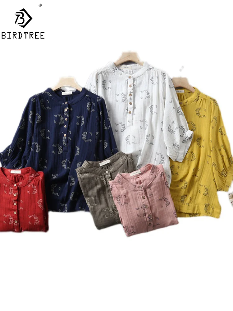 New Spring Cotton Yarn Casual Retro Shirt Women Half Sleeve Stand Neck Floral Top Girl OL Loose OL Blouse 2024 Summer T447116QM