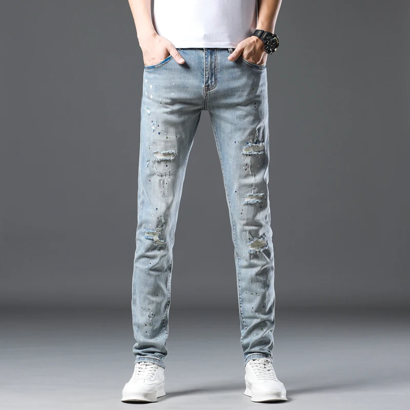 High quality jeans for men spring and autumn retro slim fit small foot elastic casual pant skinny ripped Distressed jeans men