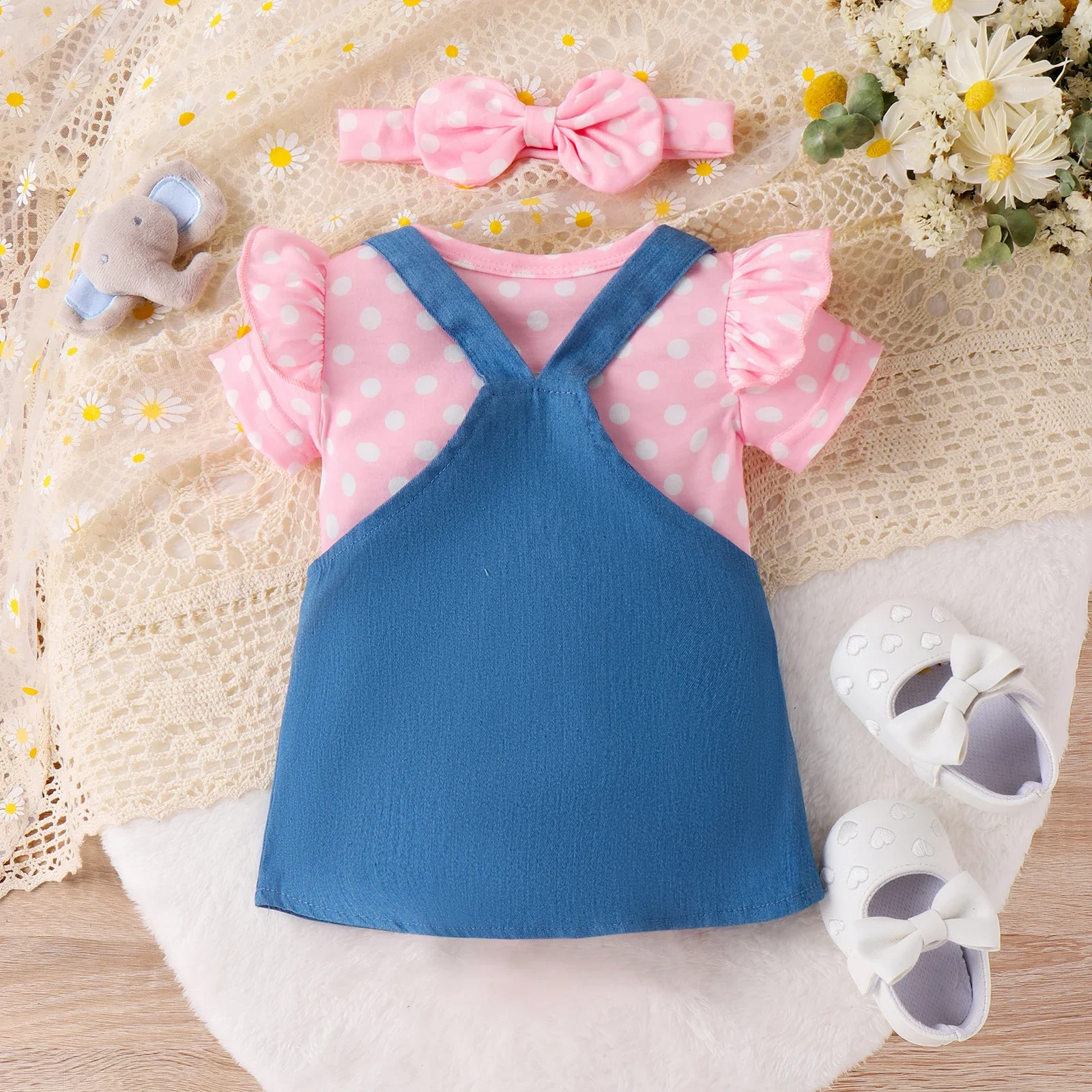 PatPat 3pcs Baby Girl Polka Dot Pattern Romper and Denim Overall Dress with Headband Suitable for Summer Season