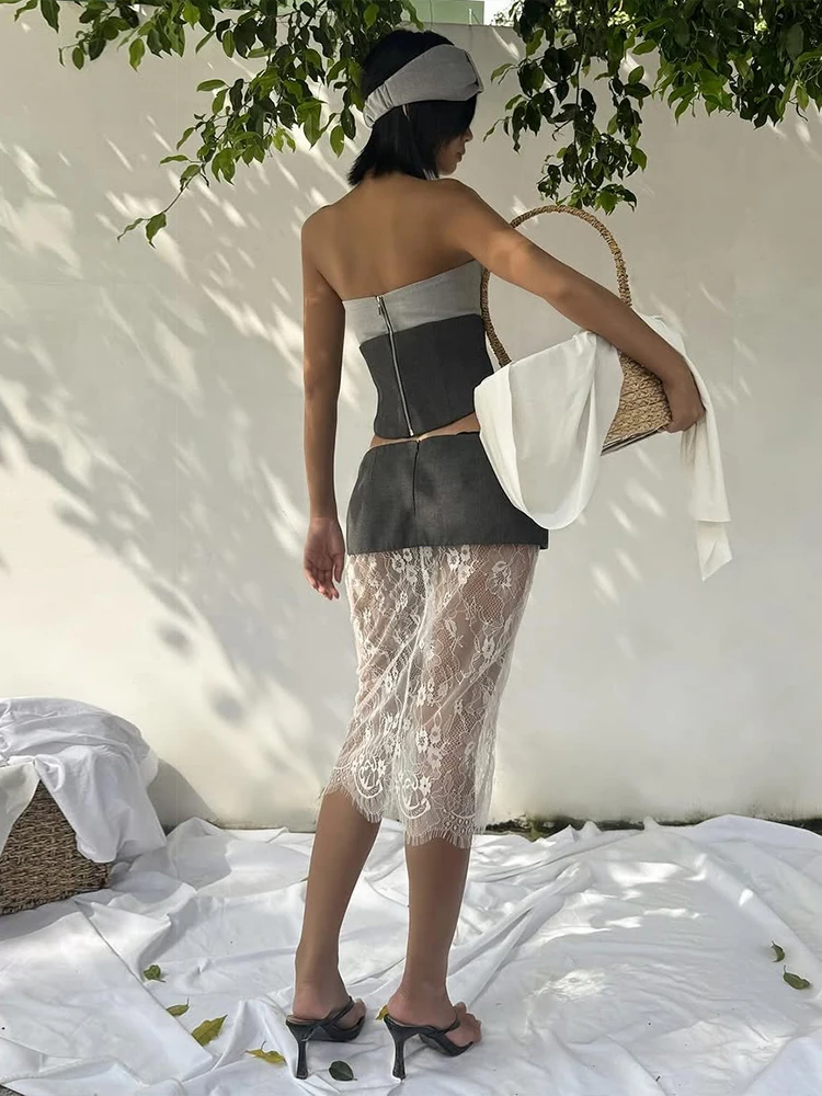 Cutenew موضة شيك 2 قطعة مجموعة المرأة المرقعة حمالة زر غير النظامية هيم توب + الدانتيل الجاكار تنورة هوتي مثير سليم وتتسابق #5