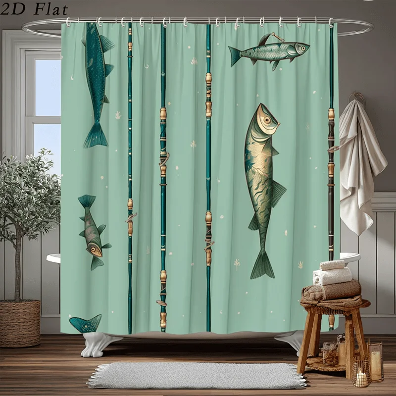 2D Flat, 1pc Vintage Illustration Pattern Shower Curtain, Multiple Sizes Available, Includes Fish-shaped Pattern and Fishing Rod