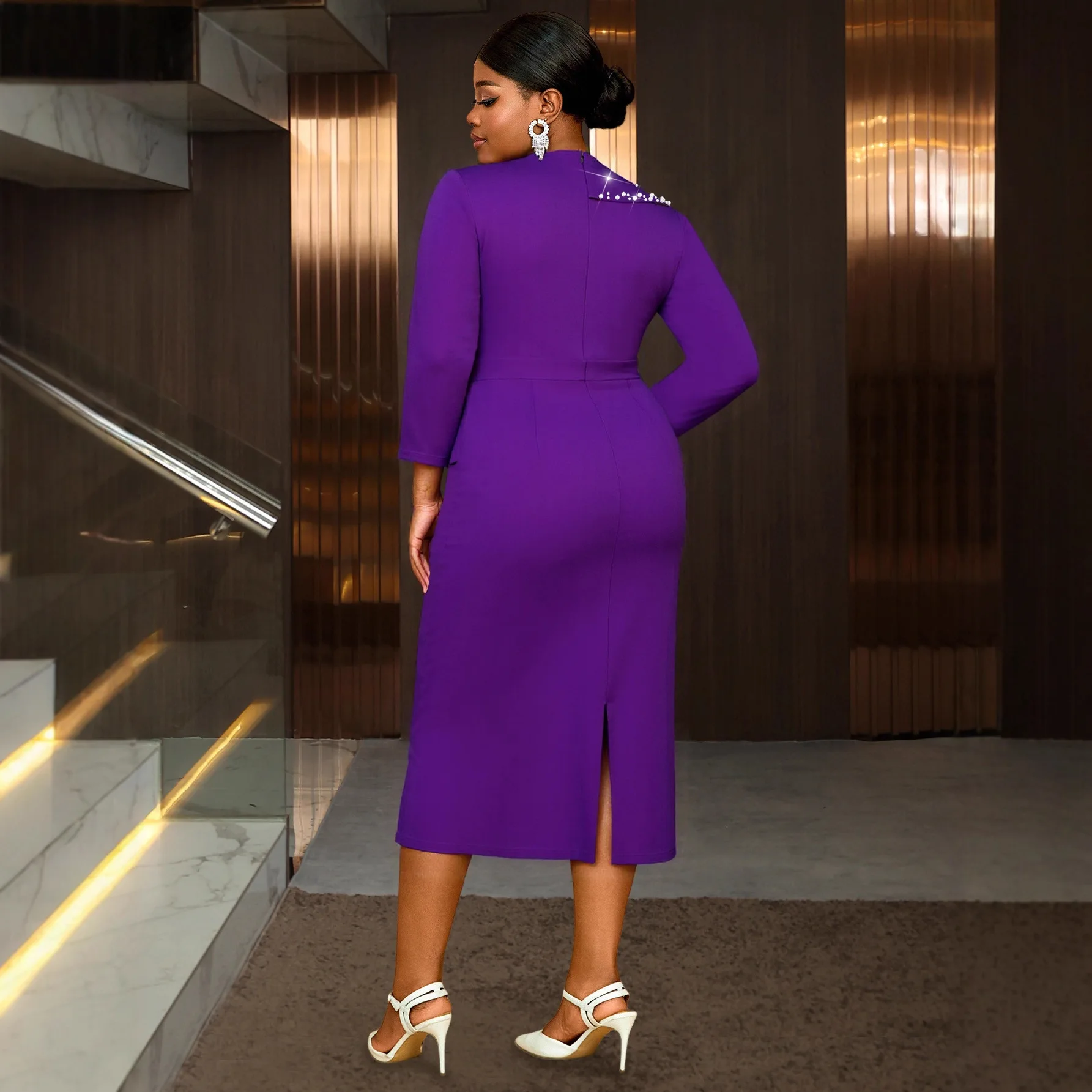 Abito da sera elegante da donna taglie forti, viola, con scollo a V, maniche lunghe, volant e strass - Vestidos De Mujer