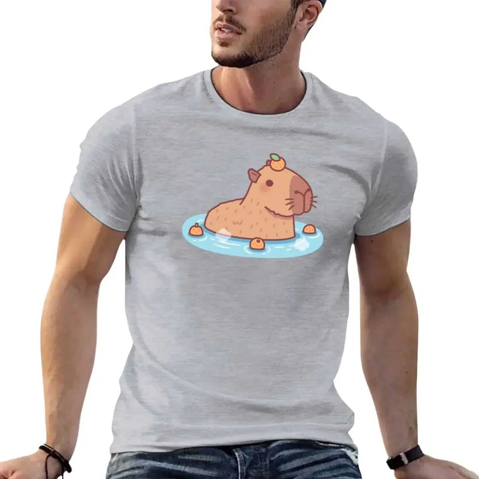 Cute Capybara With Orange On Head Chilling In Hot Spring T-Shirt quick-drying funnys blanks mens vintage t shirts