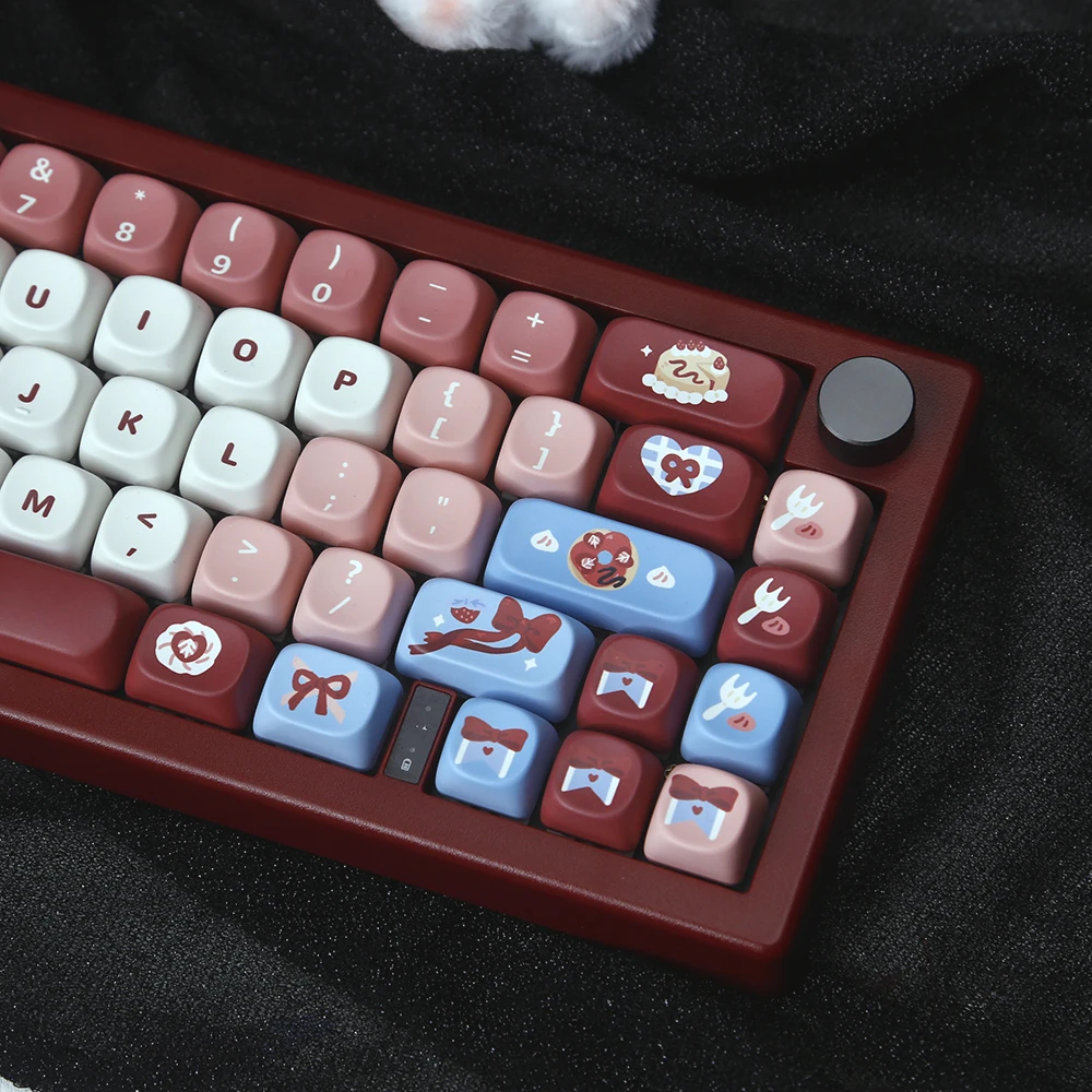 Strawberry Scent Keycaps PBT MOA Profile Vintage Burgundy Keycap 129 Keys Cartoon Cute Red Bow Element Mechanical Keyboard Cap