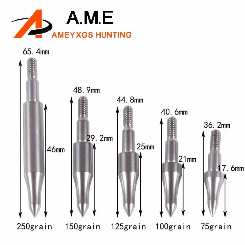 6/12pcs Archery Arrowhead 75 100 125 150 200 250 300 Grain Stainless Steel Arrow Points Tips Shooting Target Replaceable Point