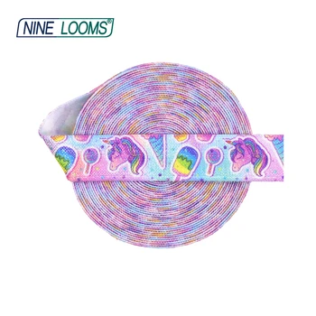 NINE LOOMS Print Fold Over Elastic FOE 5/8" 15mm Unicorn Dog Cat Butterfly Cartoon Spandex Band Hair Tie Sewing Trim 2 5 10 Yard