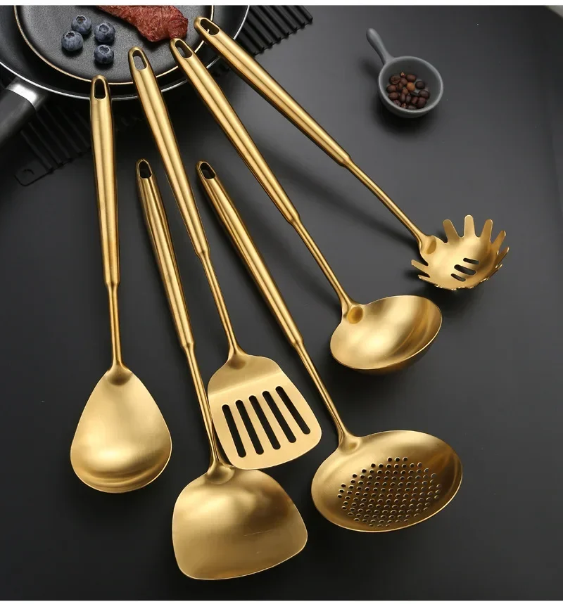 1PC Stainless Steel Kitchen Cookware Gold Cooking Utensils Soup Spoon Eggbeater Food Clip Rice Colander Skimmer Cooking Utensils