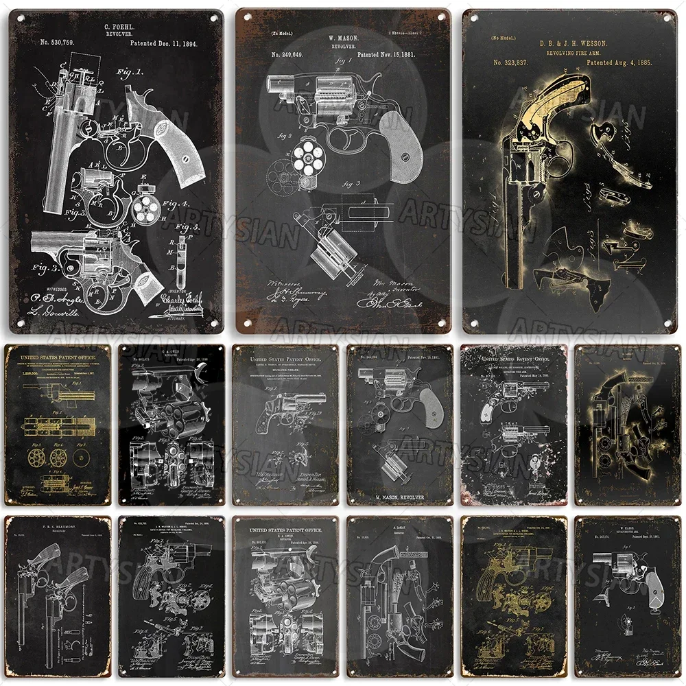 Revolver Patent Metal Sign Handgun Plaque Pistol Technical Drawing Poster Karl R. Lewis Wesson LeMat George A. Owen Beaumont