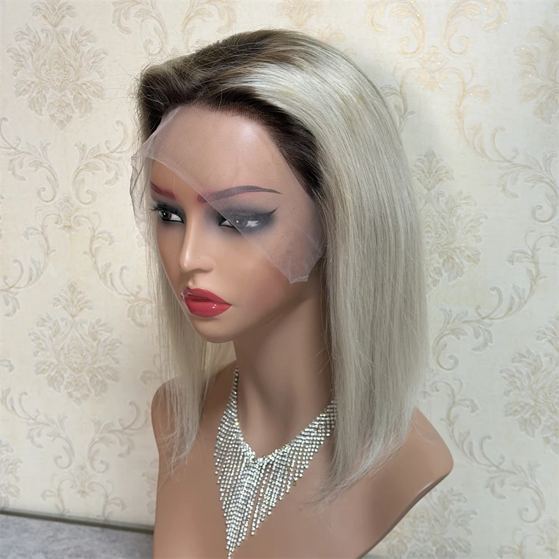

Stock 13X4 Platinum Ash Blonde Straight Bob Lace Front Wig HD Transparent Colored Cambodian Human Hair Lace Closure Wigs