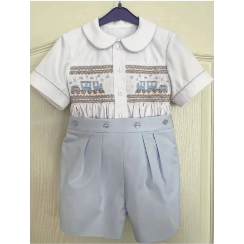 

0-6Y Boy Summer Light Blue Handmade Emboidery Smocked Outfit Suit for Birthday Photography Party Casual A332