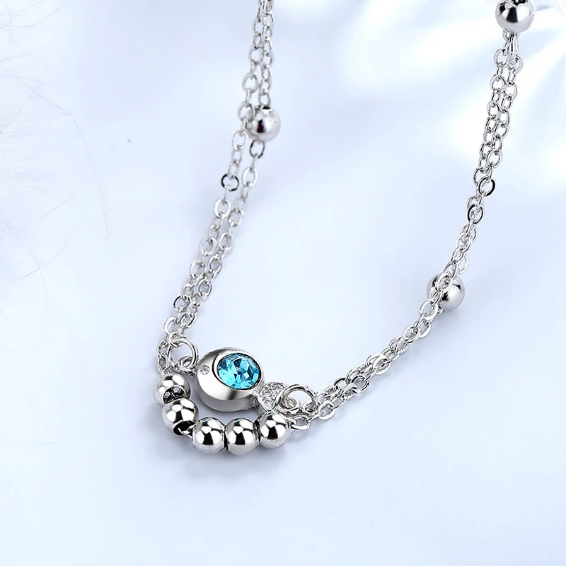 New Fashion 925 Sterling Silver Blue Zircon Small Fish Pendant Double Layer Anklets Women Jewelry Gift Sexy Beach CZ Foot Chain