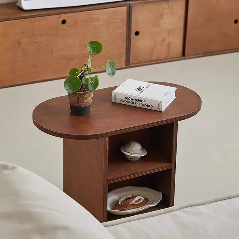 Solid Wood Oval Side Table With 2 Tier Storage Shelf Open Shelf End Table For Living Room And Bedroom