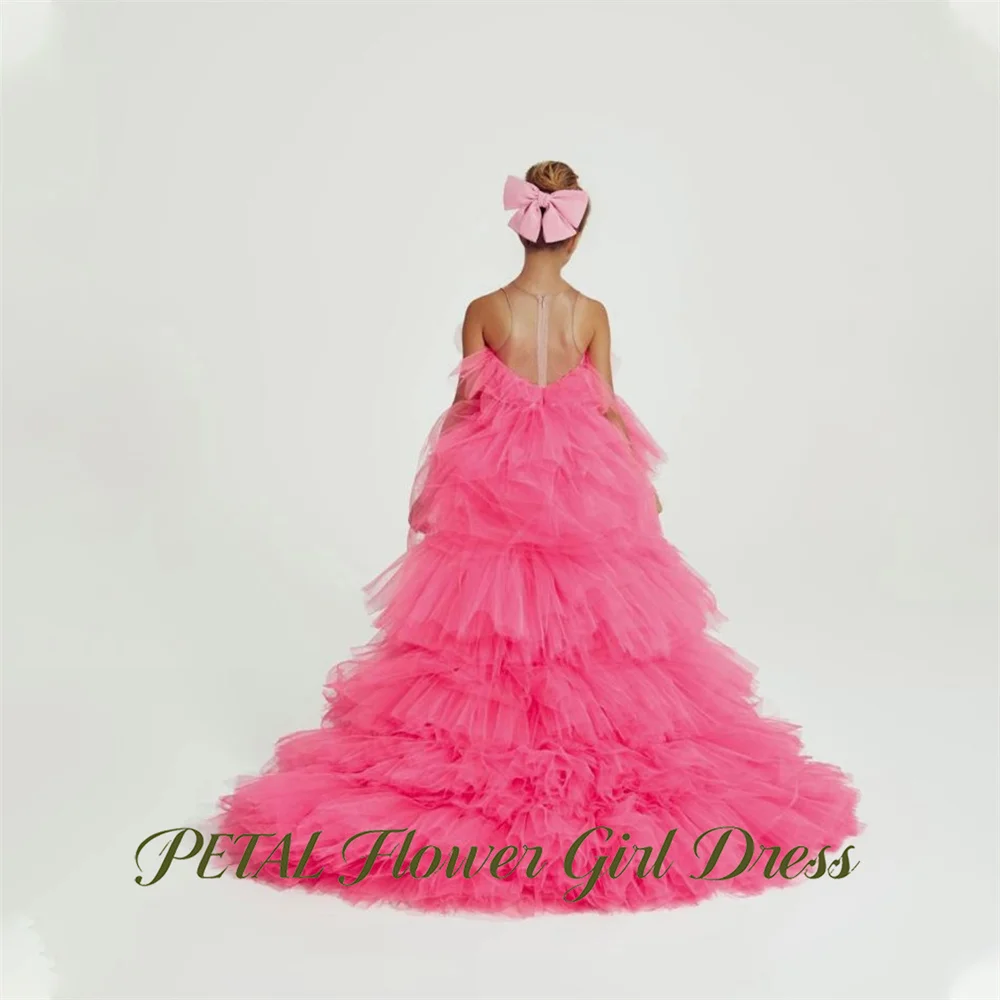 Petal Long Train Princess Girls Dress Spaghetti Strap Kids Birthday Party Dress Bright Hot Pink Tutu Fluffy Prom Gown Customized