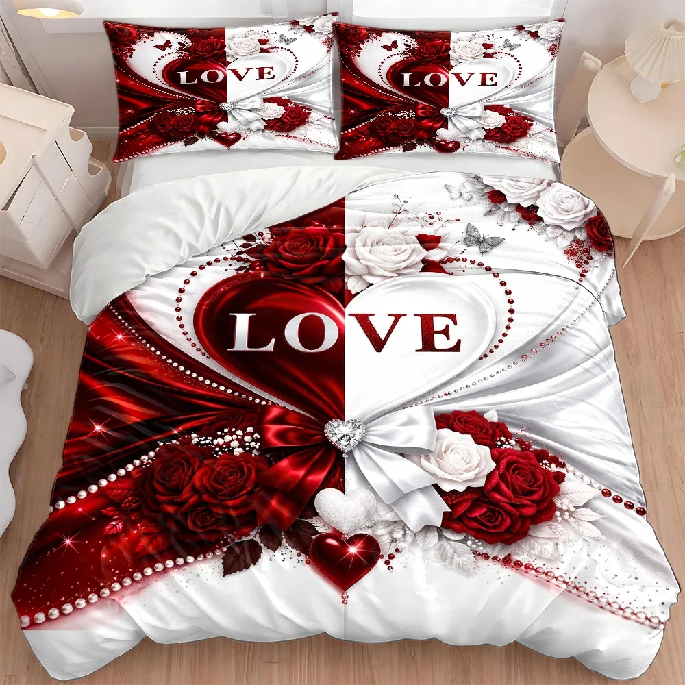 Romantic Love Bowknot Bedding Three-Piece Set (1*Duvet Cover + 2*Pillowcases), Pink Halloween Decoration Comforter Sets Quilt Cover Bedding Set Breathable Polyester Invisible Zipper Machine Wash