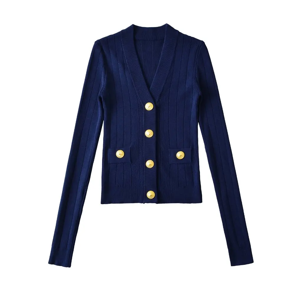 

Women's French Style Long Sleeve Knitted Cardigan V-neck Slim-fit Elegant Gold Button Sweater High-end Fashion New Arrival