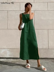 Mnealways18 Green Tank Cotton Linen Dresses Sleeveless Straight Split Dress 2023 All-Match Midi Drape Dress Vacation Style Lady