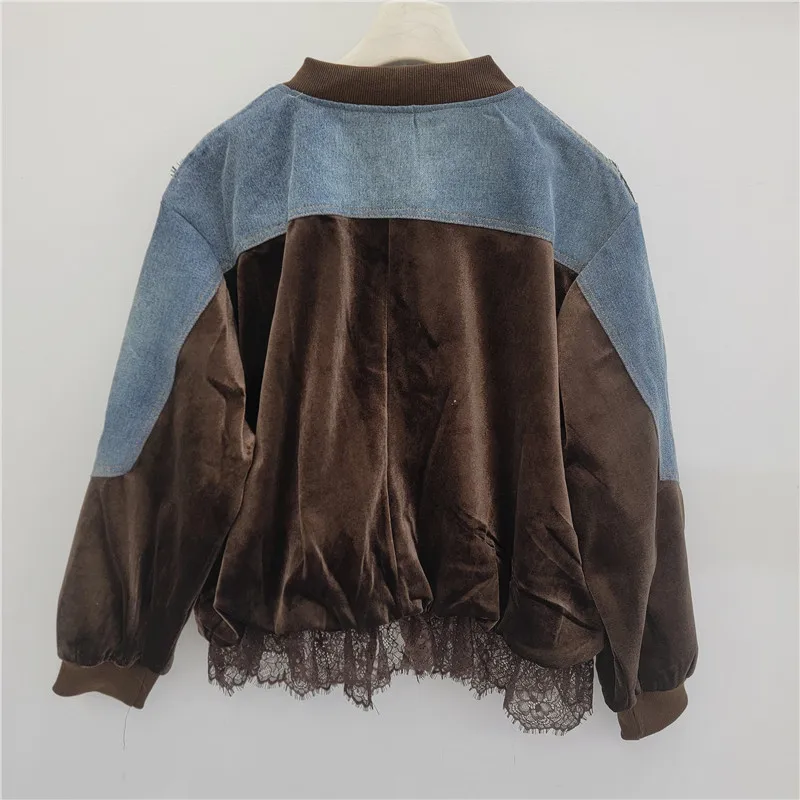 Baseball Collar Zip Up Jacket Denim Velvet Lace Patchwork Pocket Lace Hem Women Vintage Casual Bomber Outerwear 260802