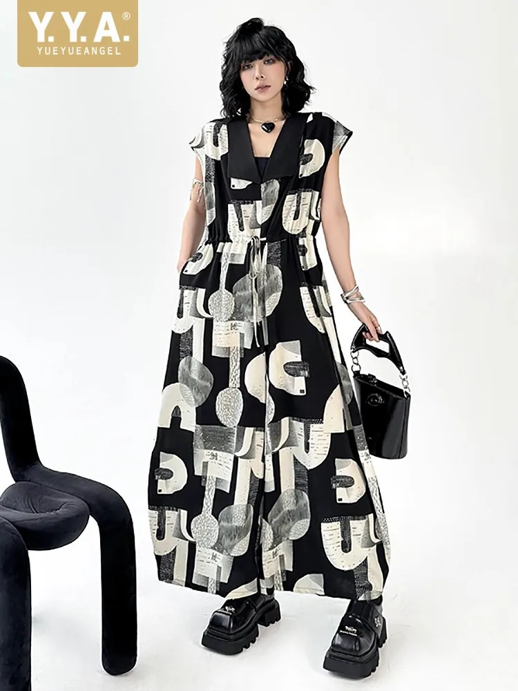 

Streetwear Women Summer Sleeveless Jumpsuits V Neck High Waist Fashion Letter Pattern Printed Casual Loose Fit Wide Leg Pants