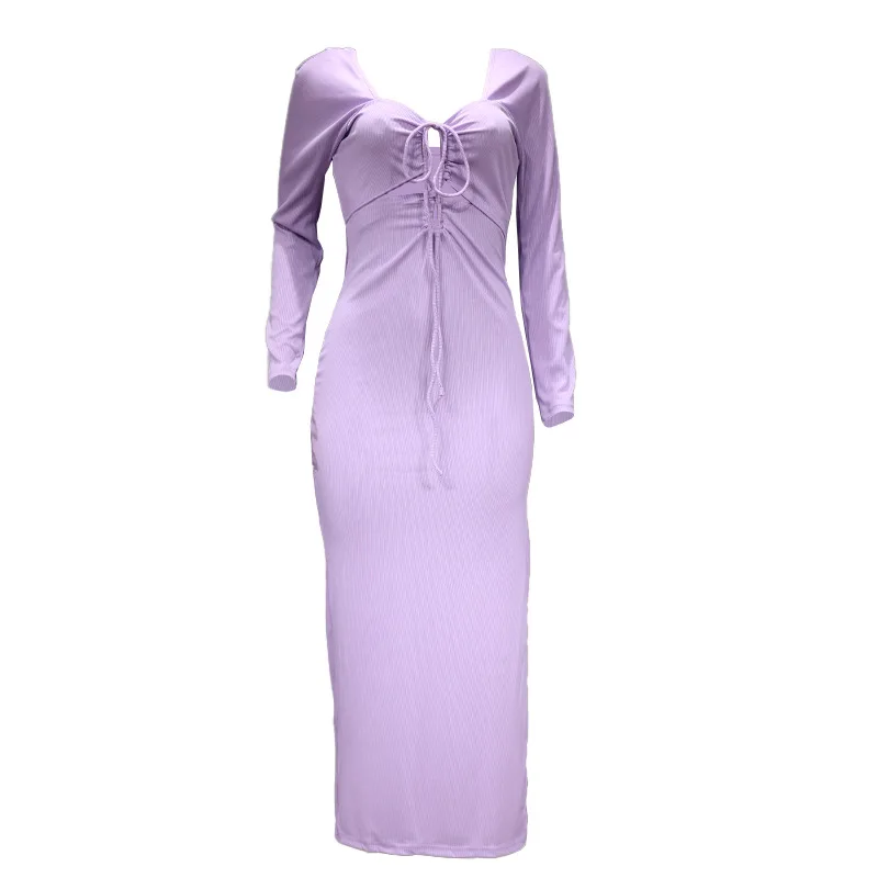 Women's V-ne Lace-up Ba Long Sve Dr High Waist Hip Wrap Design Summer Faion Street Sle One-piece Dr