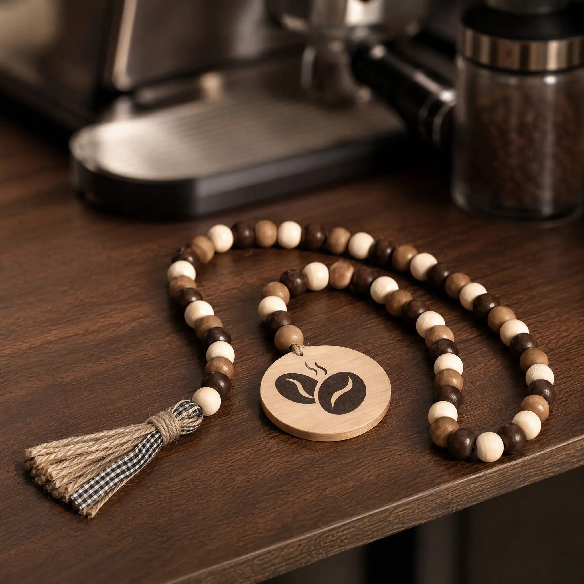 Coffee Pattern Wooden Beads String Ornament Handmade Hemp Rope Hanging Decor for Living Room Bedroom Entryway Wall Home Decor