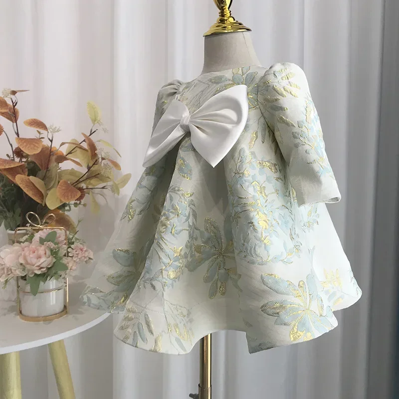 Customized Elegant Evening Party Kids Dress Bow O-Neck Long Sleeve Flower Girl Dresses Flower Print Princess Ball Gown Girls Bir