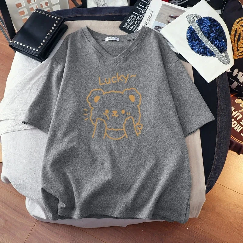 Plus Size 6XL 150KG T-shirt Female Summer  Short Sleeve Cartoon Print Bear Top Woman Tshirt Big Size Tos