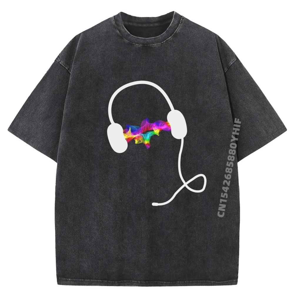 

Colorful Headphones Music Design For DJs Musicians Graphic Tee Shirt Man Clothes Printed Camisa Retro Washed Shirt