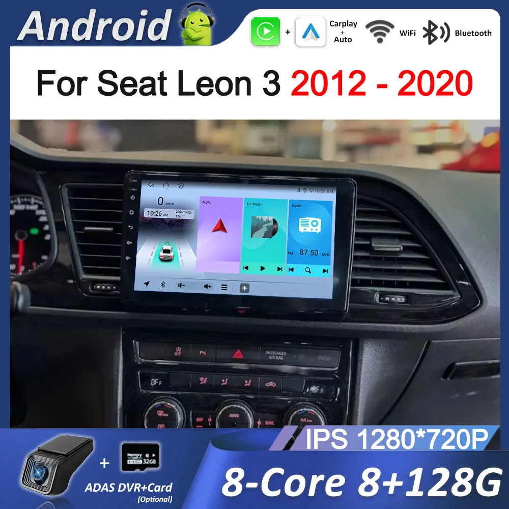 

Автомагнитола с 9-дюймовым HD-экраном Android 16 для Seat Leon 3 (2012-2020), леворульная, с Wi-Fi, Carplay, GPS-навигацией