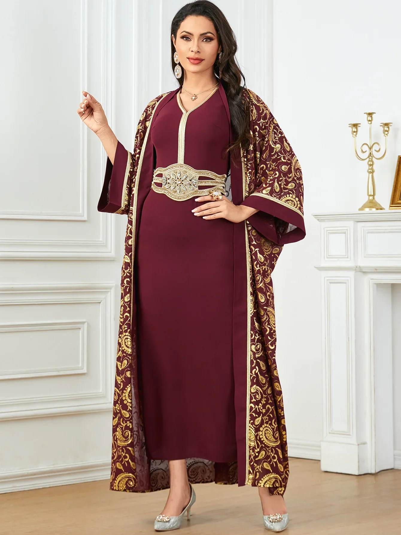 Eid Muslim Party Dress for Women Ramadan Abaya 2 Piece Set Long Robe Belt Morocco Kaftan Vestidos Largos Dubai Jalabiya 2024