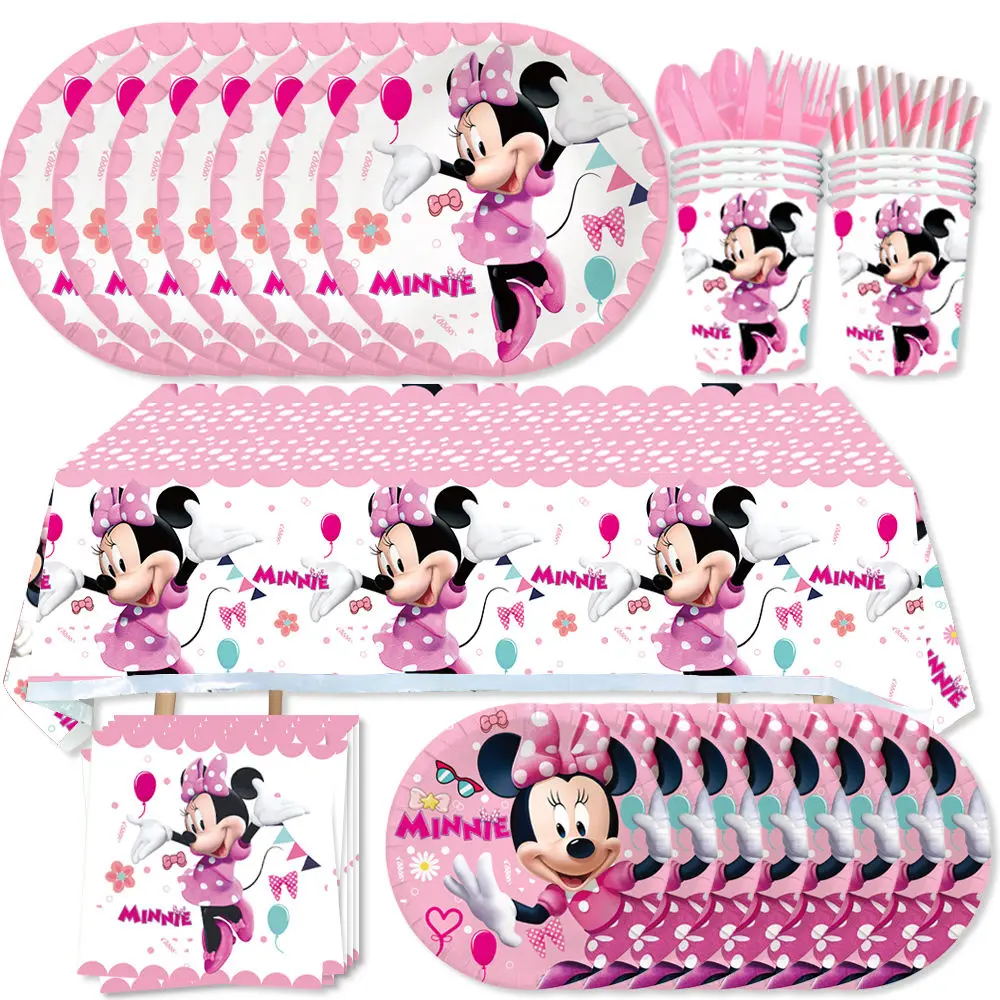 Minnie Mouse Birthday Party ตกแต่งทิ้งบนโต๊ะอาหารบอลลูนถ้วยแผ่นผ้าปูโต๊ะบอลลูน Baby Shower Party Suppl