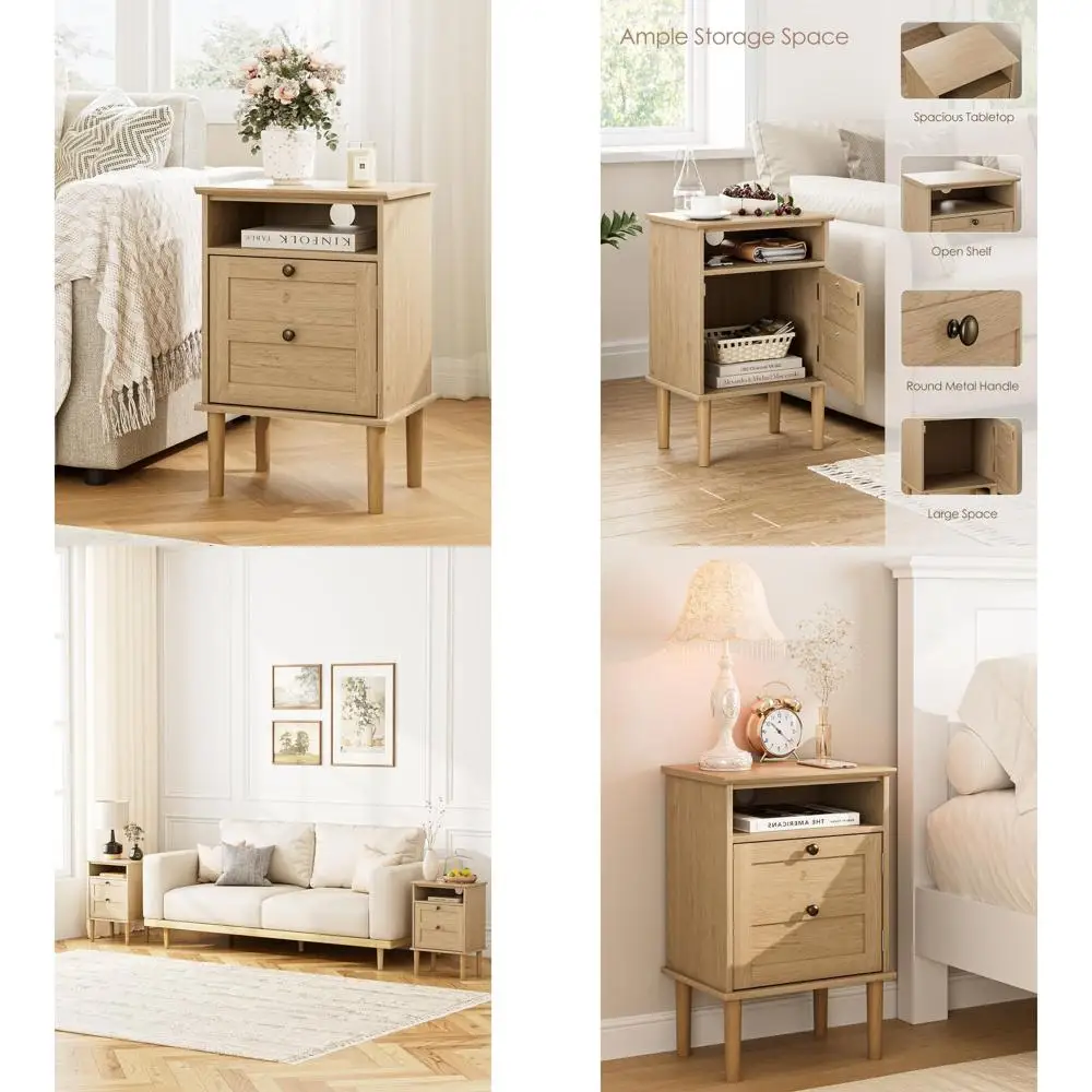 

Boho Style Wooden Nightstand with Drawer and Open Shelf, Modern Bedside Table for Bedroom or Living Room, Natural Finish