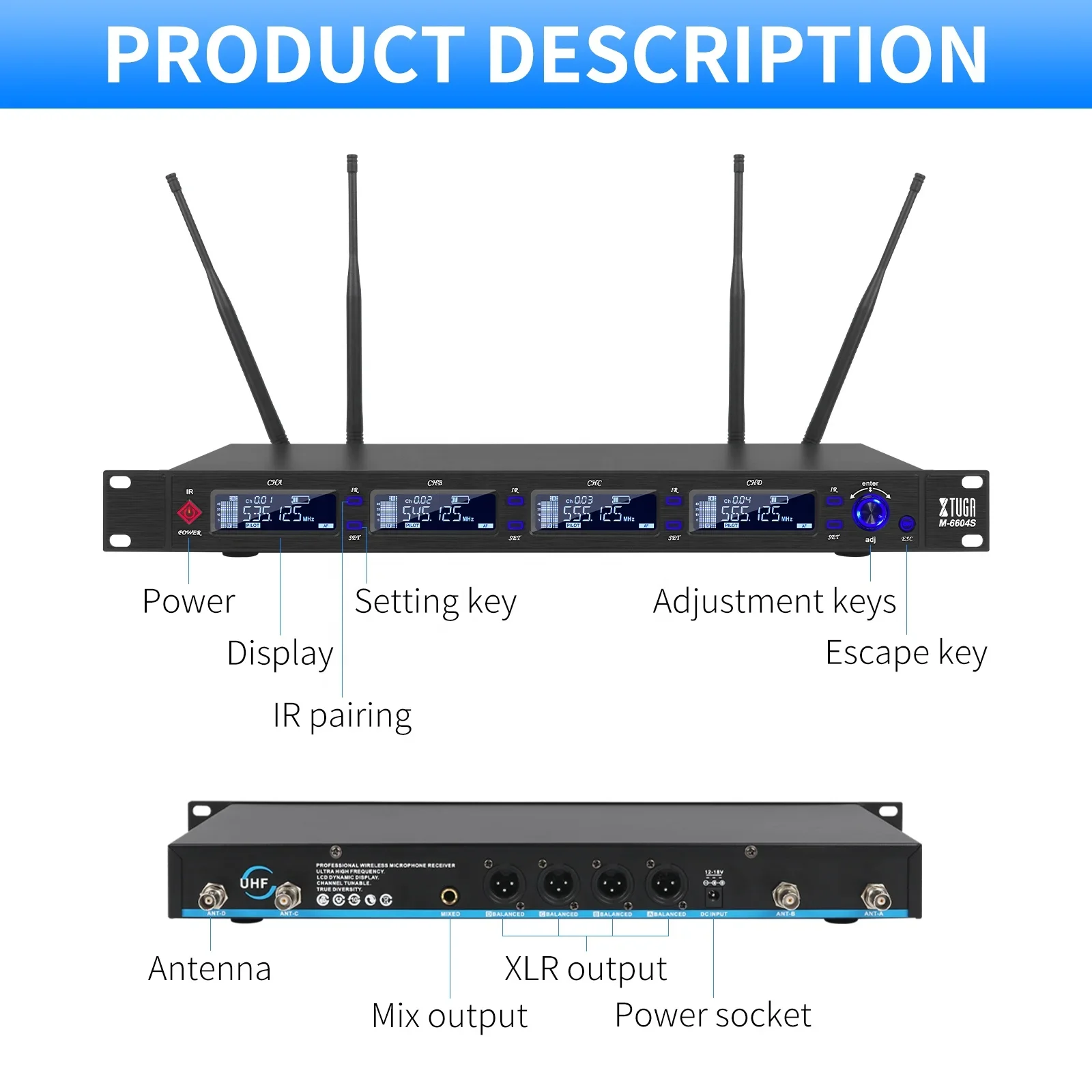 

TLF Xtuga M6604S New Arrivals 4 Channel Professional Wireless Microphone System UHF Cordless for Performance Singing