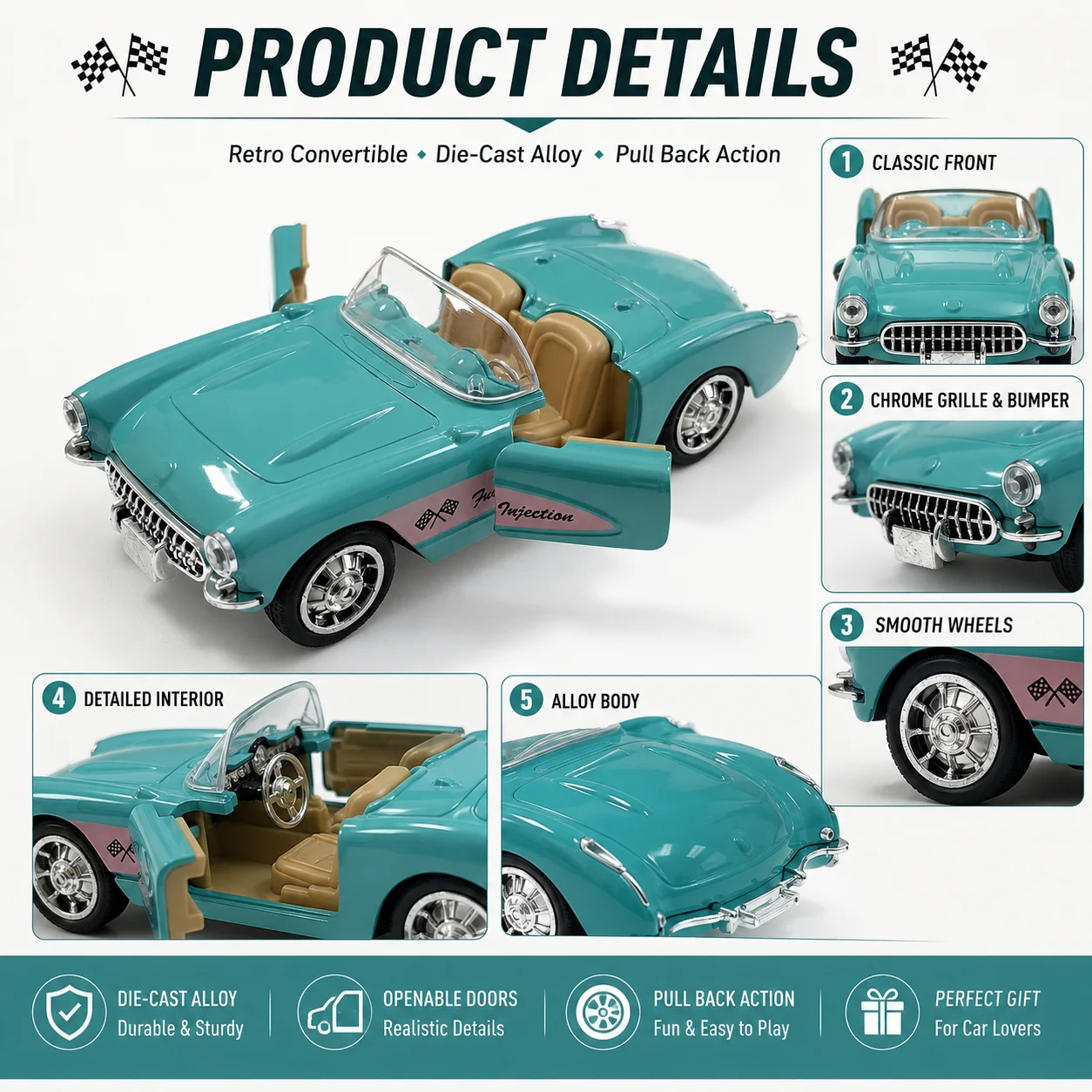 (Wellpappenschachtel) Maßstab 1:36, Vintage-Konvertible im Stil eines Spielzeugautos, leistungsstarke Feder, Metallguss, Jungenspielzeug, das beste Geschenk. – Detail 17