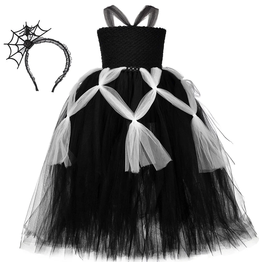 Spider Costume for Girls Long Black Tutu Dress Cobweb Kids Halloween Witch Cosplay Clothes Children Fancy Carnival Party Dresses