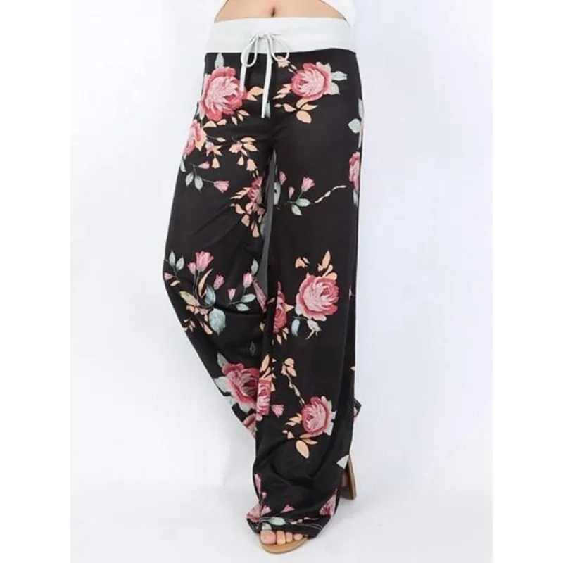 Fashion Women Loose Stretch Printing Long Casual Wide Leg Yoga Pants Drawstring Lounge Pants Pajama Pants