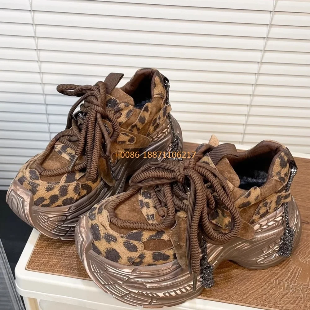 Thick Sole Round Leopard Print Women's Sneakers New Fashion Street Casual Dad Shoes Rhinestone Cross-Lace Heightening Short Boot