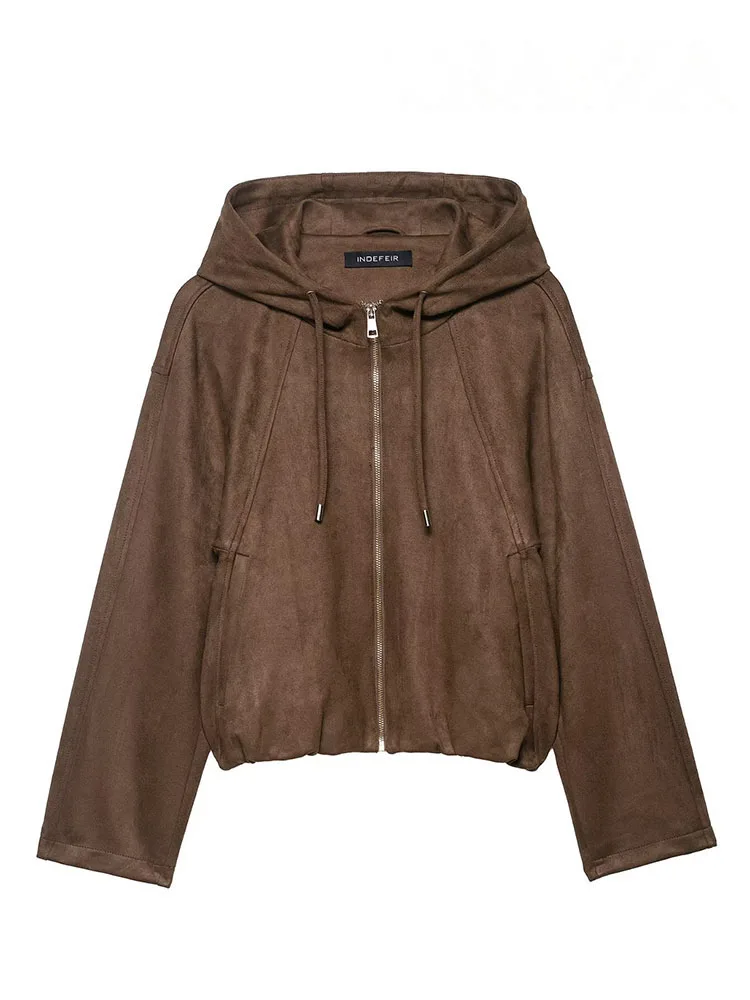 HH Woman Autumn Street Style Jacket Women Chic Hooded Zipper Jacket Solid Casual Loose Long Sleeves Pocket Design Short Coat