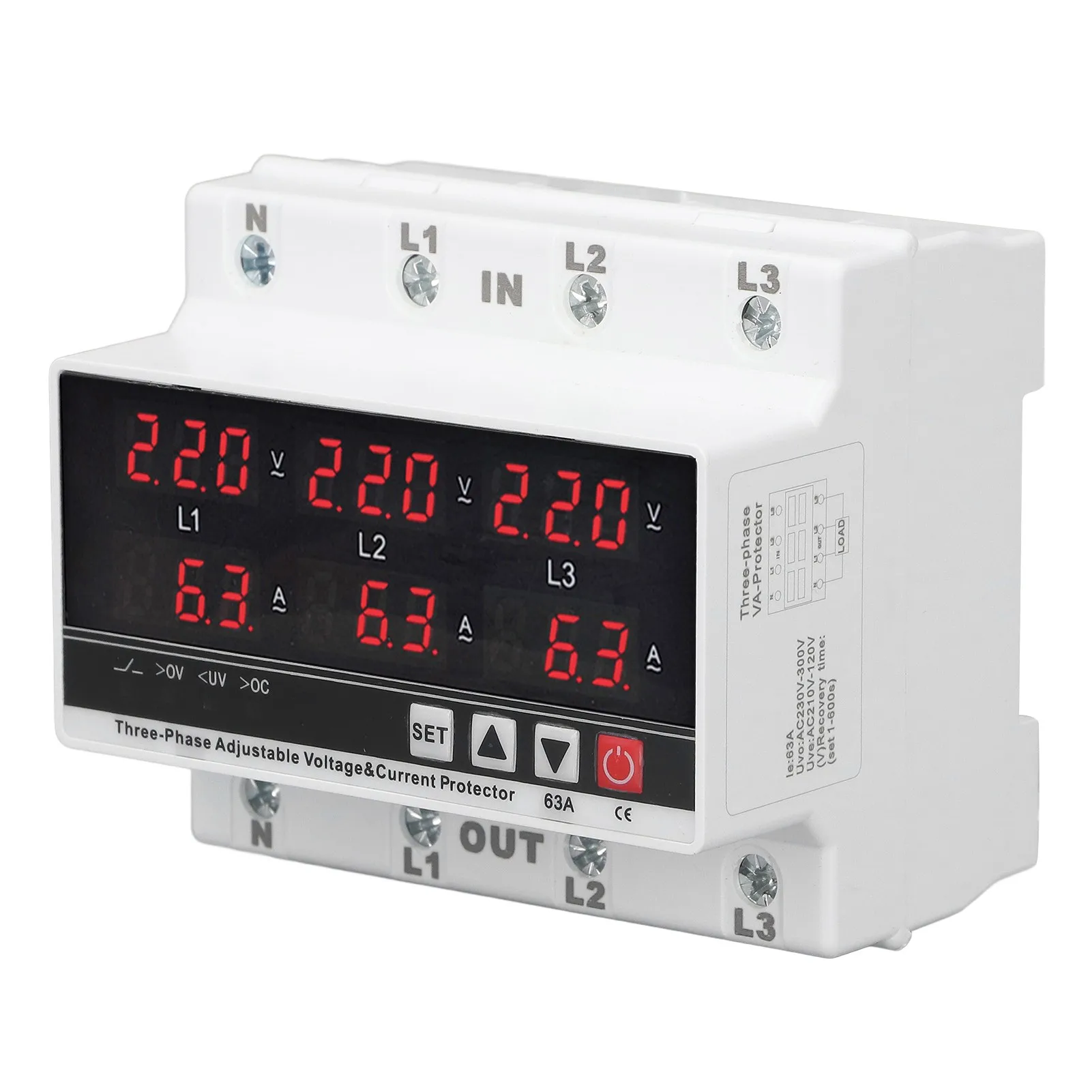 Undervoltage Protector DIN Rail Adjustable Overcurrent Protector AC120V‑300V 63A 3 Phase 3 Wire 4 Wire
