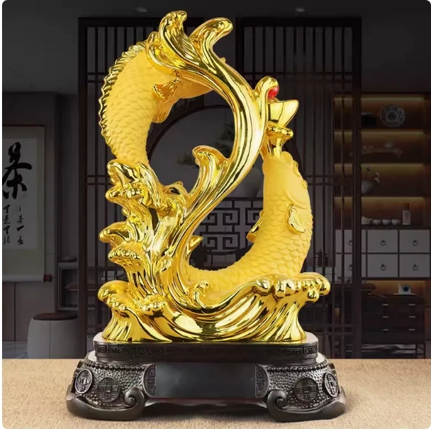 2025 New Resin Feng Shui Gold Gragon Fish Living Room TV Cabinet Arts and Crafts Hotel Office  Family Decorations Statue