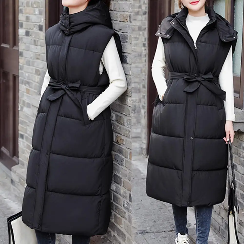 Autumn Winter Cotton Padded Vest Coat Women Long Down Waistcoat Windproof Hooded Warm Snow Waistcoat Outwear Шляпник 후드 조끼