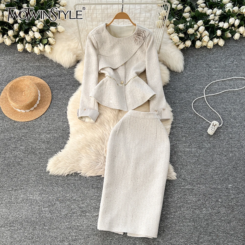 

TWOTWINSTYLE Elegant Two Piece Set For Women O Neck Long Sleeve Spliced Appliques Tops High Waist Skirt Sets Female KSE518271