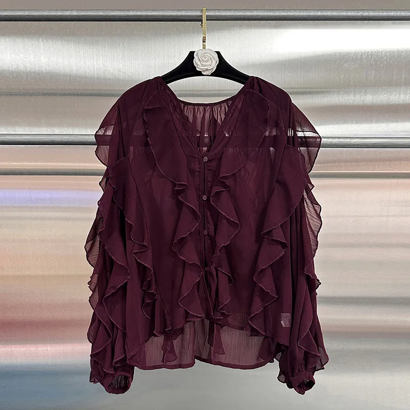 Europe America 2025 Summer New High-end Ruffle Edge Loose Slim-fitting Shirt Top For Women