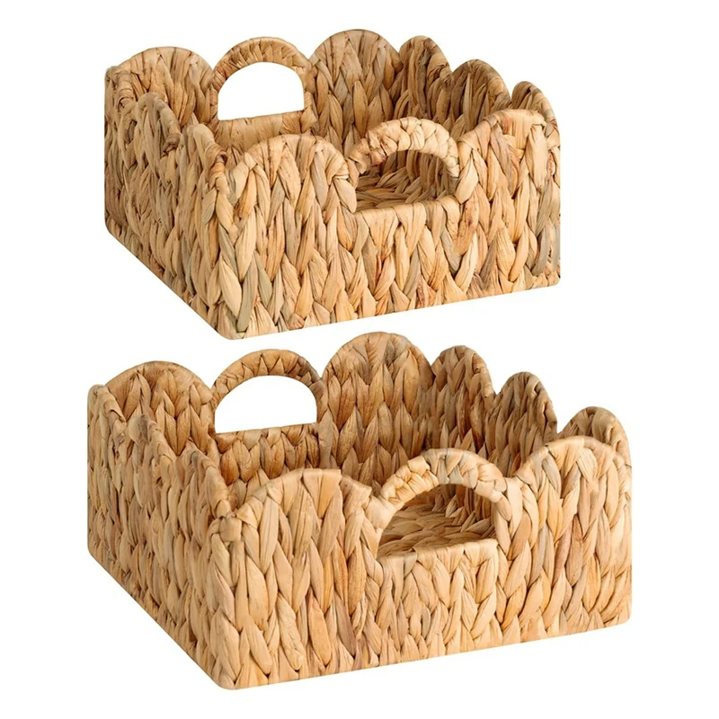 

ABYN-Scalloped Wicker Basket, Nursery Basket With Handles, Woven Rattan Baskets For Organizing, Basket Shelf Decorative