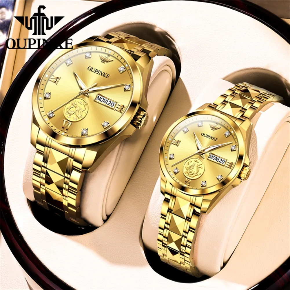 OUPINKE 3259 Automatic Lover's Watches Fashion Luxury Real Gold Dragon Phoenix Design Mechanical Couple Watches for Men Women