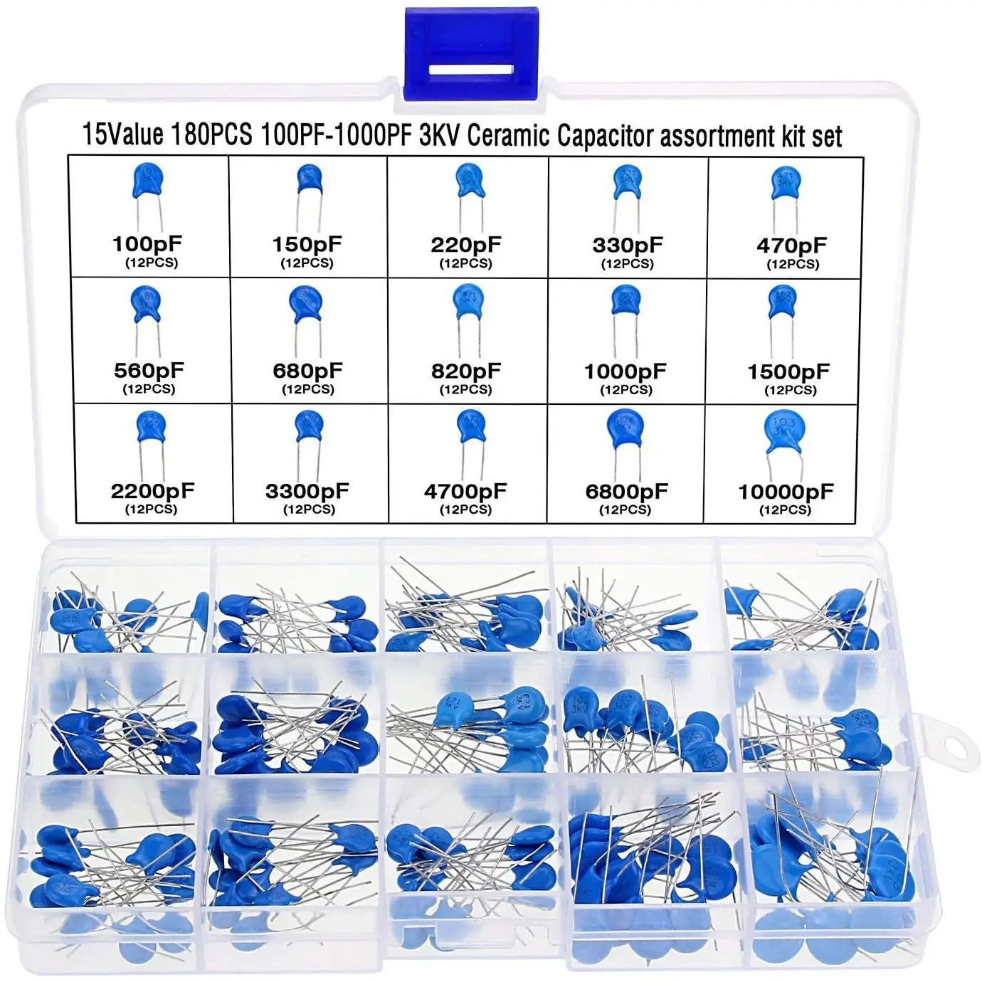 180Pcs 15 Values High Voltage Dip Ceramic Capacitor Assortment Kit Range 100PF-10000PF 3KV Ping