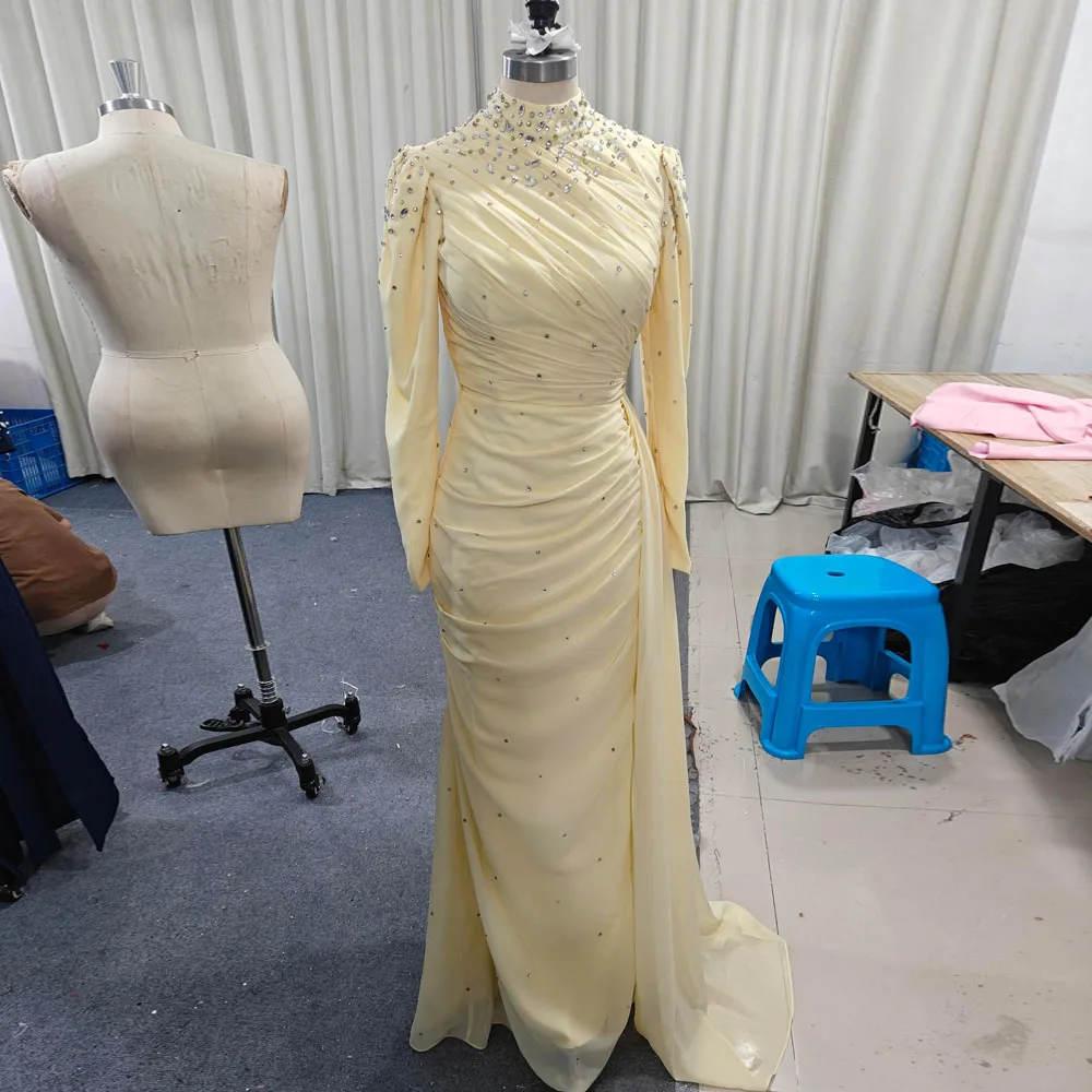 

Вечернее платье с драпировкой из бисера по индивидуальному заказу, вечернее платье Abiye с высоким воротом и длинными рукавами, желтое шифоновое платье de fiesta