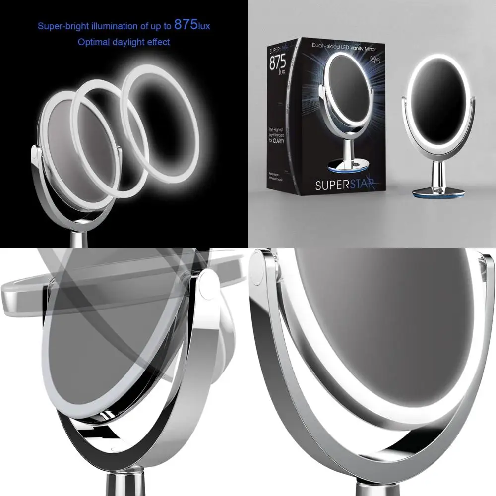 

Oval Dual-Sided LED Makeup Mirror with 1X/5X Magnification, 360-Degree Adjustable Brightness, Brushed Nickel Finish