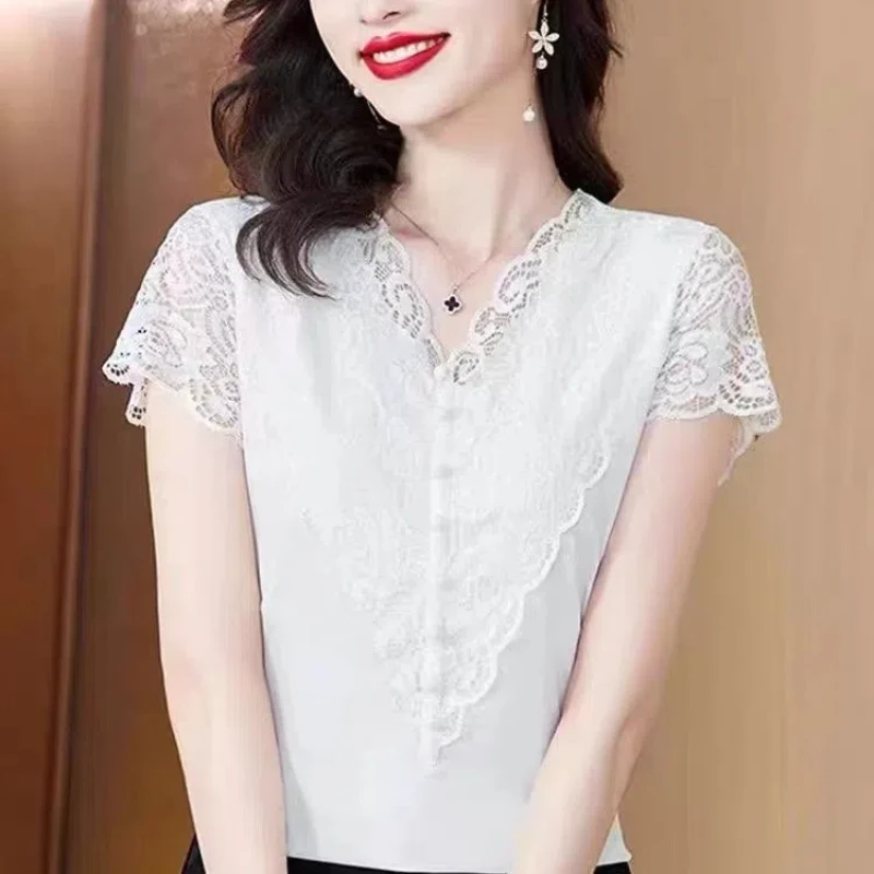 Summer New Lace Temperament Slim T Shirts Short Sleeve V Neck Solid All-match Office Tops Tees Elegant Fashion Women Clothing