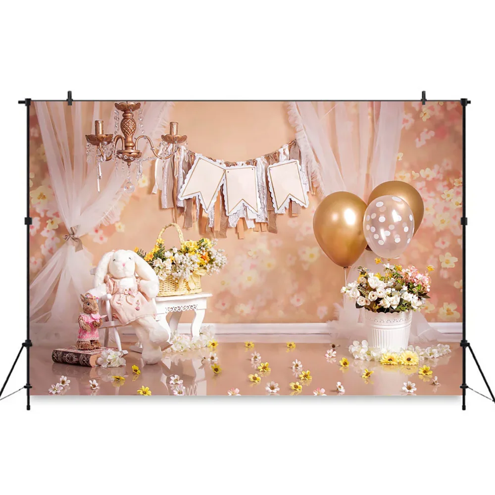Fondo de pastel de conejito para niños, globos, fondo de fiesta de 1er cumpleaños, retrato de niña y niño recién nacido, accesorios de fotografía, estudio fotográfico