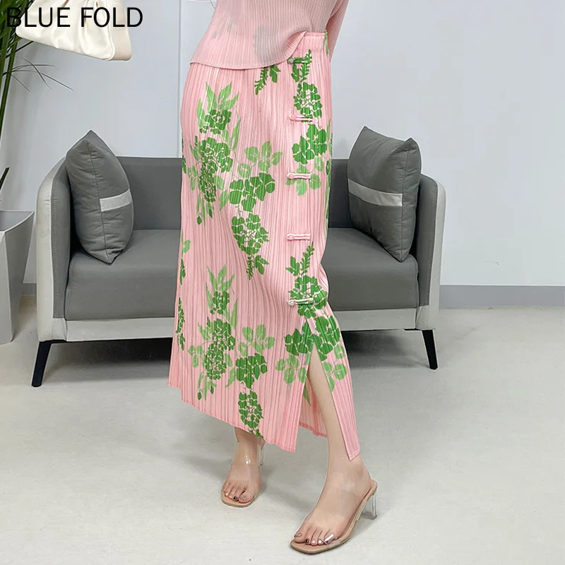 Pleated Casual Printed Chinese Style Buttoned Miyake Skirt for Women Summer New Fashion Slim Fit Skirt Elastic Waist Faldas Ropa